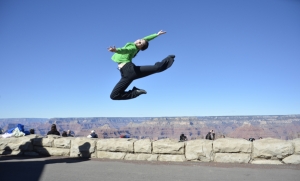 Dancer Miranda Zhou-Galati proves that 4000-something-foot canyons are no match for her superior jumping skills. (Annie Li)