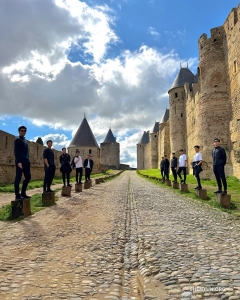 
Dancers stand guard at the Cité de Carcassonne, a medieval citadel and UNESCO World Heritage Site in the French city of Carcassonne.